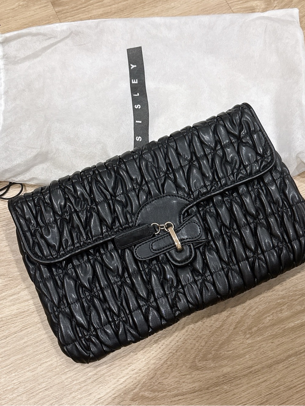 Sisley Black Quilted Ruched Leather Fold-Over Clutch 13x8”
